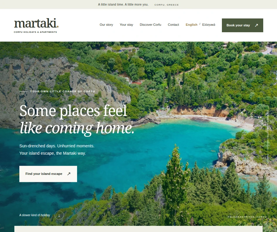Martaki homepage introducing Corfu holidays and apartments with destination imagery and a stay-request journey