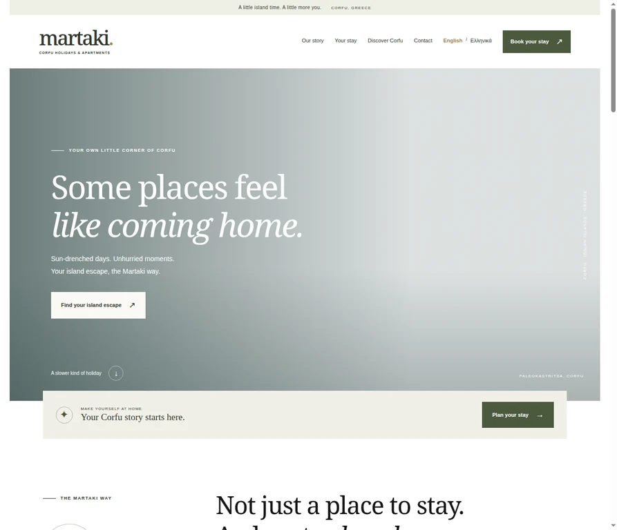 Martaki homepage introducing Corfu holidays and apartments with destination imagery and a stay-request journey
