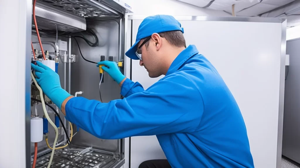 Technician servicing refrigeration equipment inside a commercial cold room, from Touréfrigération’s official image library