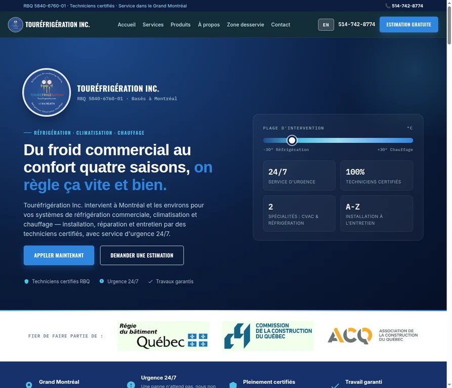 Touréfrigération homepage with a blue service-led introduction to refrigeration, air conditioning and heating, and call/estimate buttons
