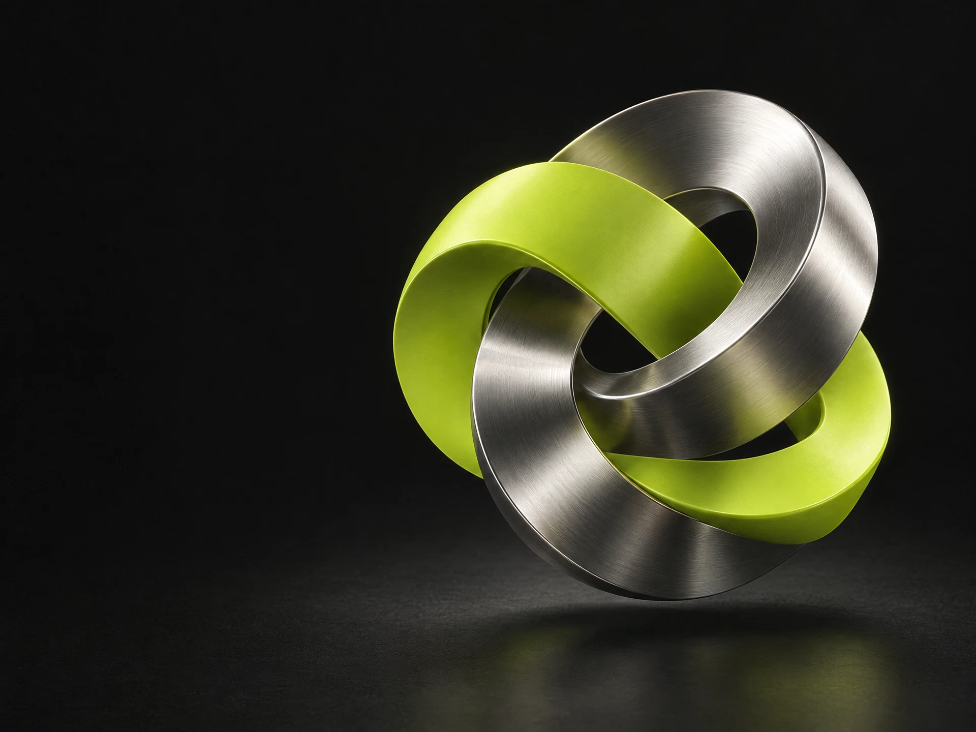 Interlocking platinum and chartreuse sculpture representing creativity and engineering